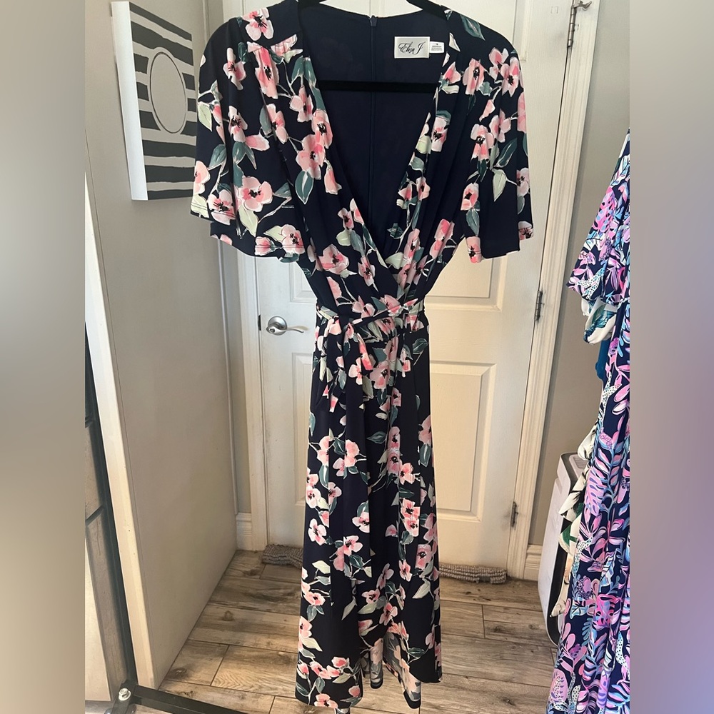 Eliza J Navy Floral Dress with Pink and White
